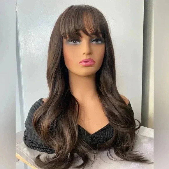 Chocolate Brown Wavy Long Wig with bangs 26” - Picture 2 of 10
